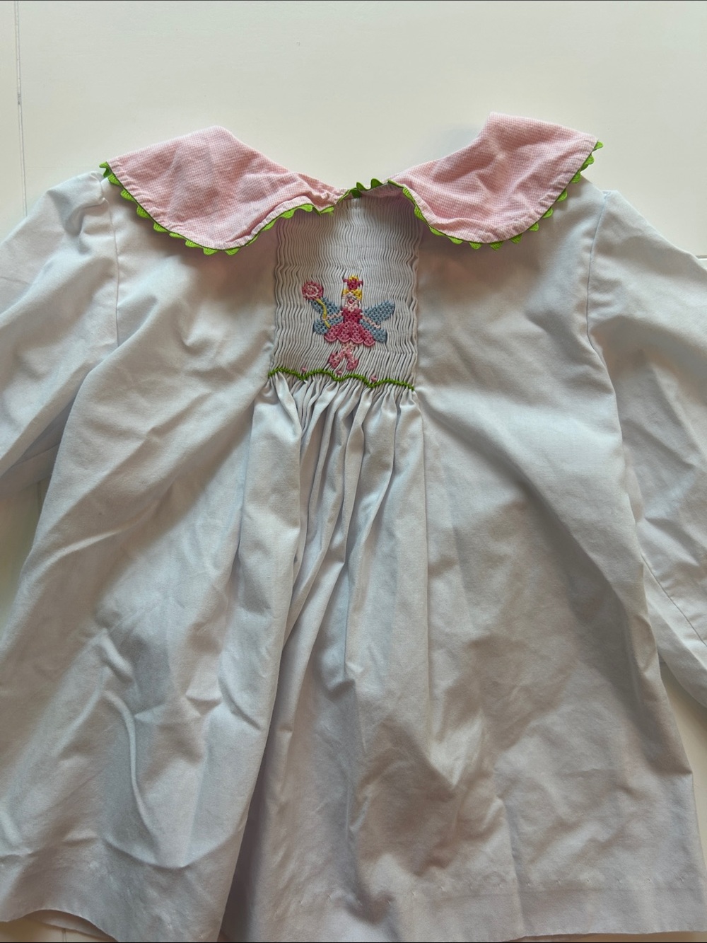 Shrimp & Grits Pink Collar White Smocked Dress with Fairy Embroidery